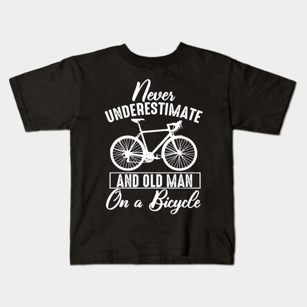 Never Underestimate An Old Man On A Bicycle Kids T-Shirt by Pelman